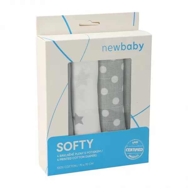 New Baby Látkové bavlněné pleny Softy s potiskem 70 x 70 cm 4 ks šedo-bílé