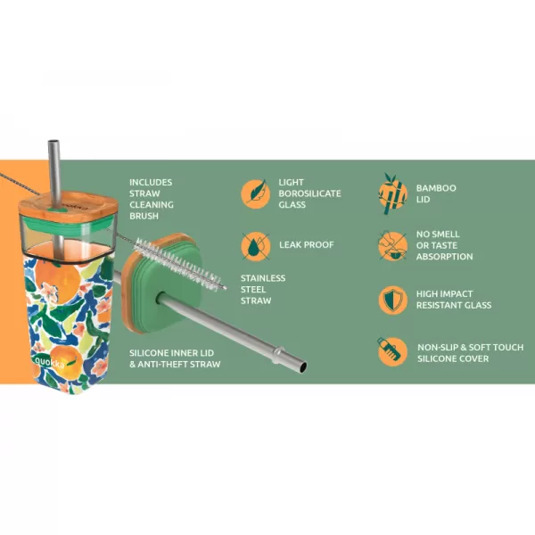 Quokka Skleněný cestovní hrnek s brčkem Liquid Cube 540 ml