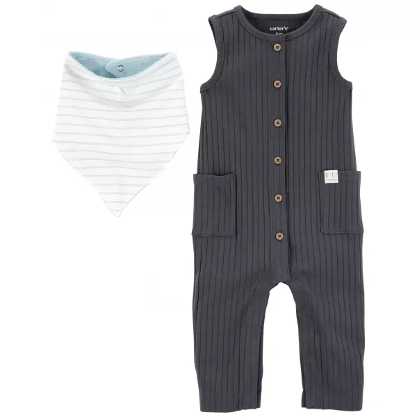 CARTER'S Set 2dílný overal bez rukávů, bryndáček Charcoal chlapec LBB NB/ vel. 56