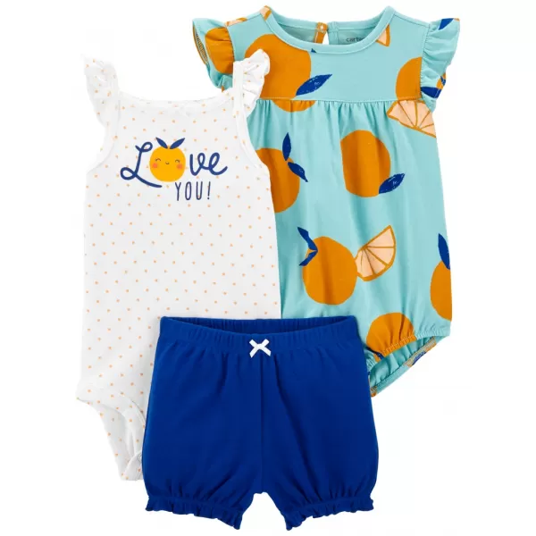 CARTER'S Set 3dílný body na ramínka, body kr. rukáv, kraťasy Blue Orange holka 24m