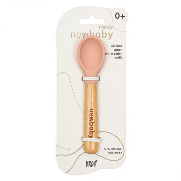 New Baby Silikonová lžička s dřevěnou rukojetí karamelová