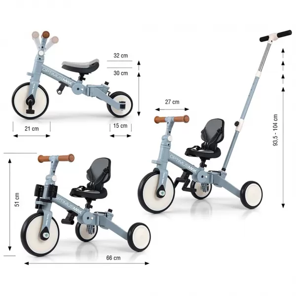 Milly Mally Dětská tříkolka 5v1 Optimus Max s vodící tyčí denim