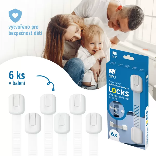 Sipo Bezpečnostní zámky víceúčelové pro skříňky a zásuvky, nastavitelné, sada 6 ks